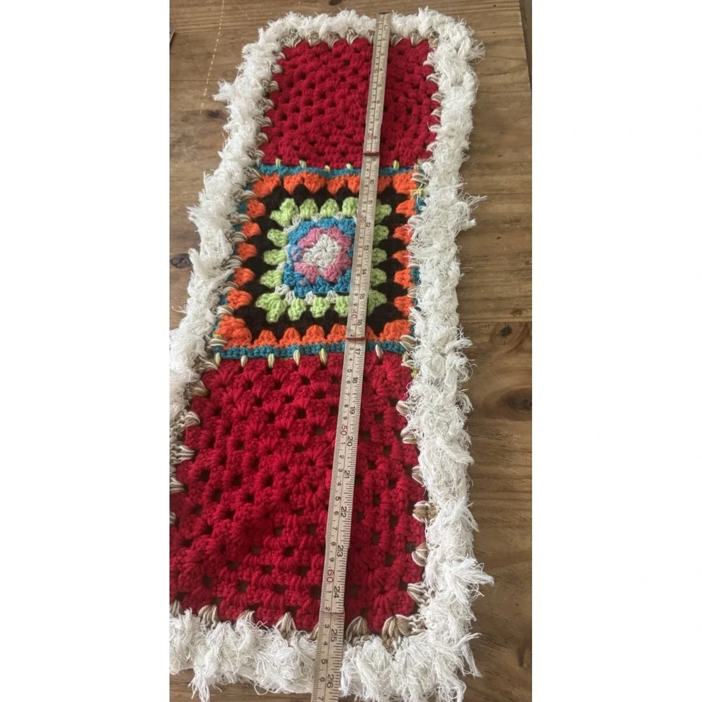 Handmade Crochet Knit Granny Square Red Cream Table Runner Textile 26X10